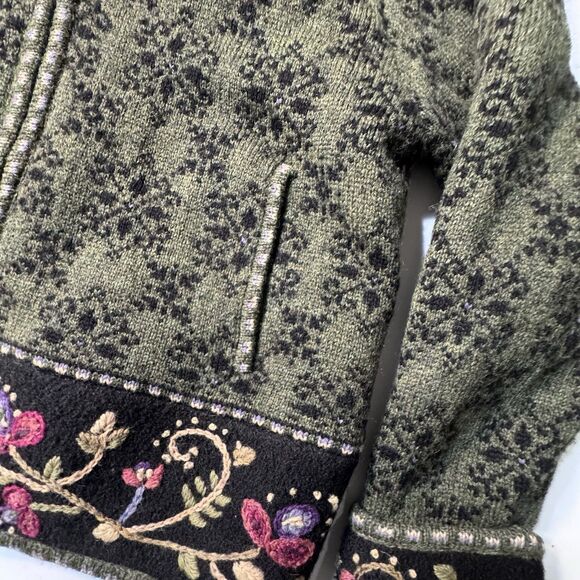 Icelandic Design Embroidered Wool Jacket Coat Womens L Green Floral Sweater Zip - Picture 6 of 13